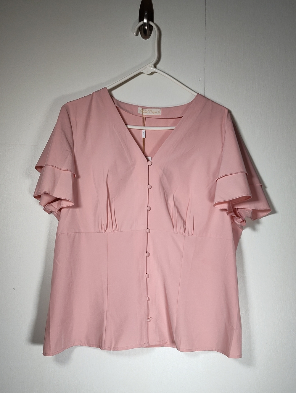 Belle Poque blush pink retro flutter short sleeve button‎ front blouse top 2XL